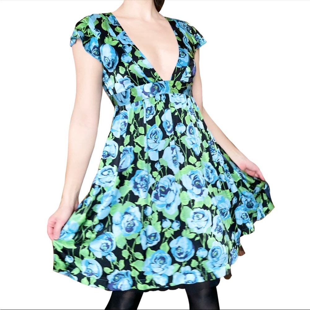 Free People Silk Blue Rose Babydoll Midi Dress Size 2 Empire Waist Boho
